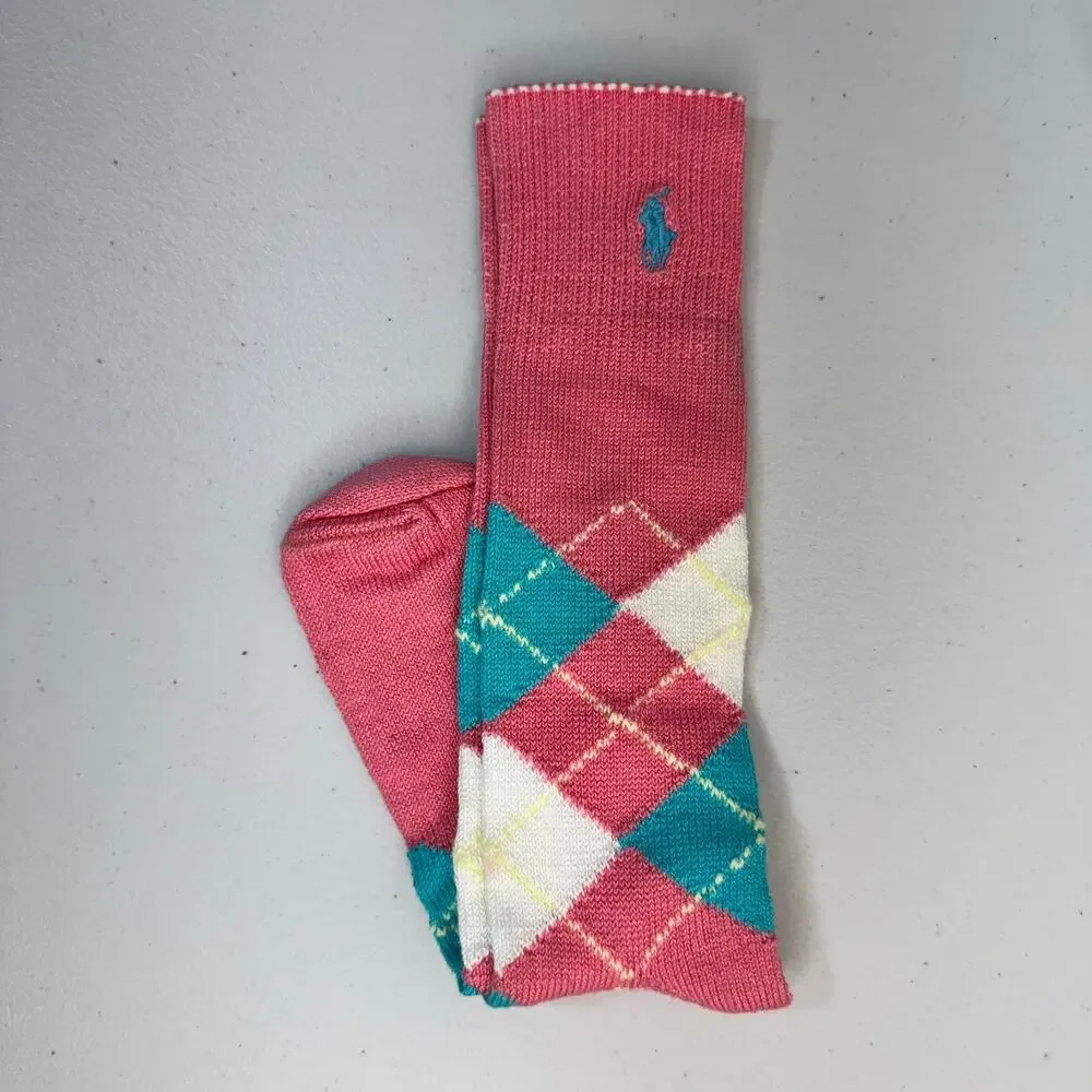 VTG Polo Ralph Lauren Argyle Crew Trouser Socks Pink & Blue Iconic Pony Logo